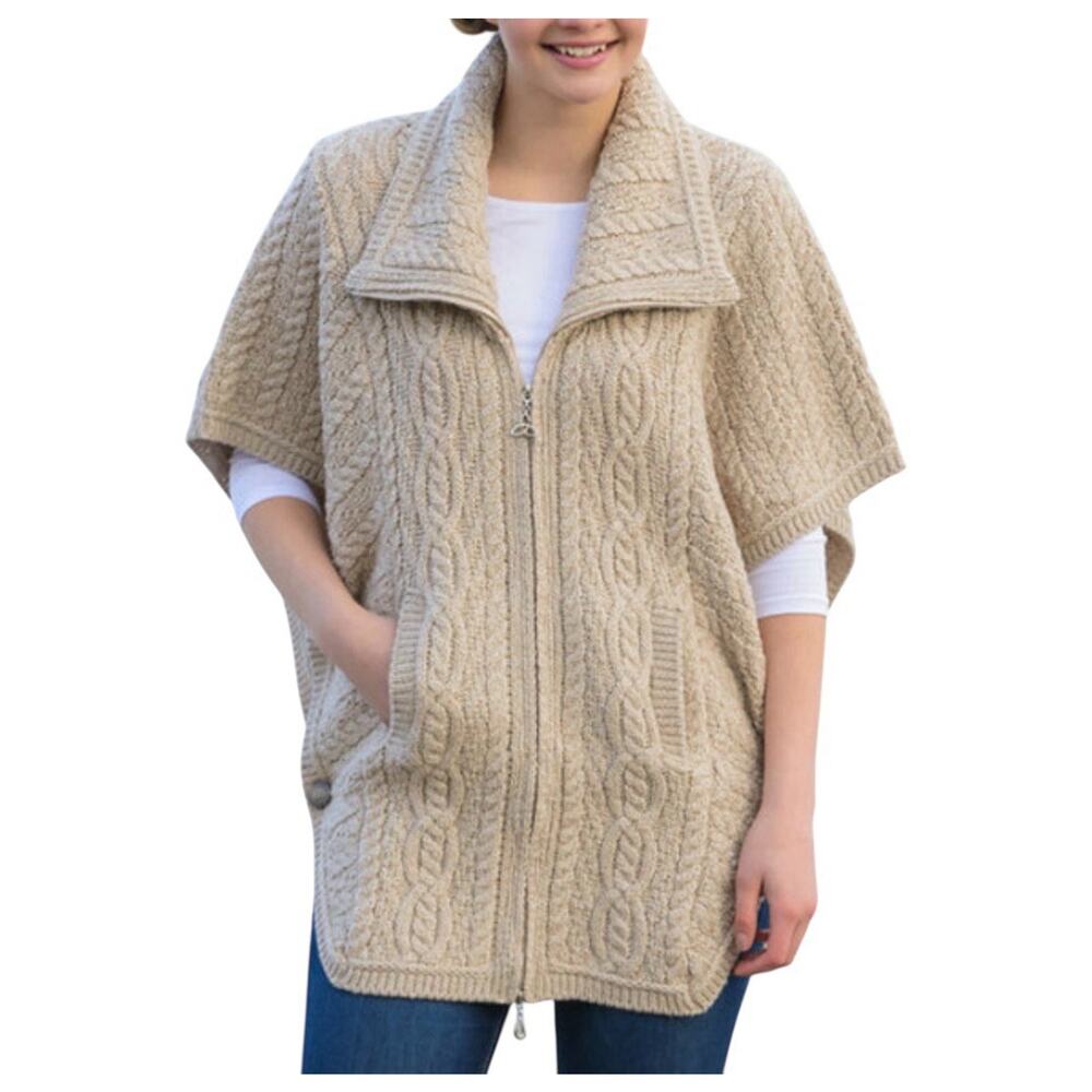 Aran Crafts Batwing Jacket Merino Wool Sweater Full Zip Women’s Medium Beige